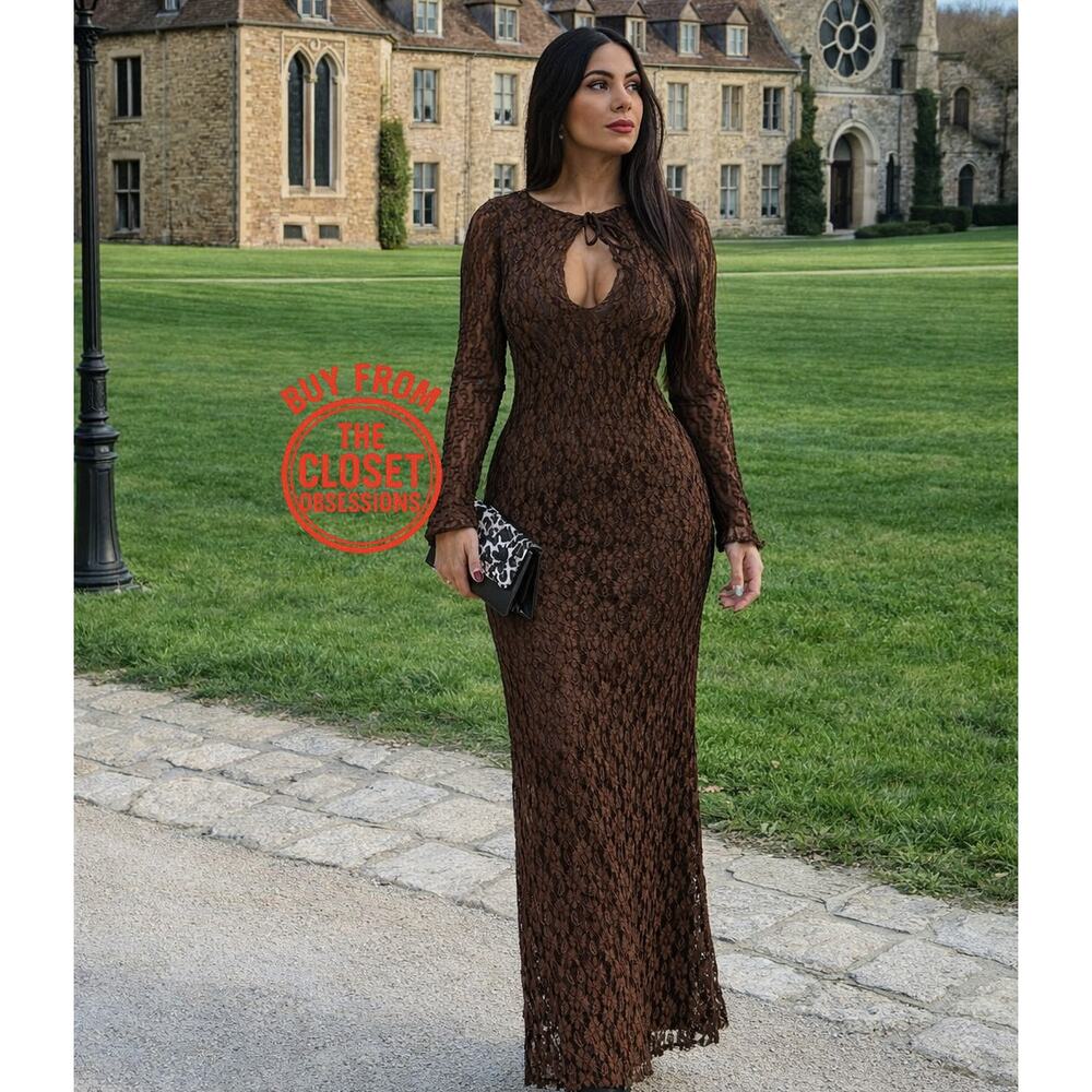 Zara Brown Lace Maxi Dress Elegant Evening Gown NWT
